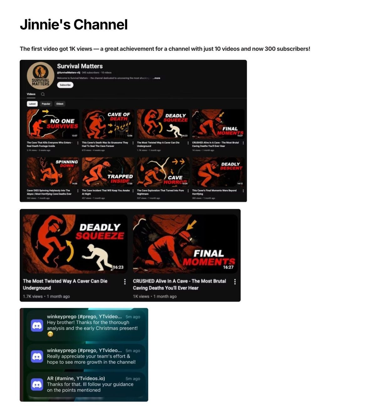 Jinnie's channel: First video hit 1k views, now 300 subs from 10 videos