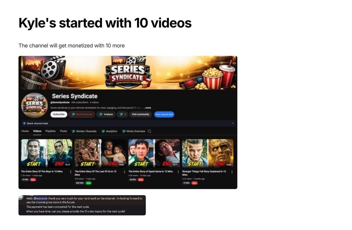 Kyle's channel: Started with 10 videos, monetization on track