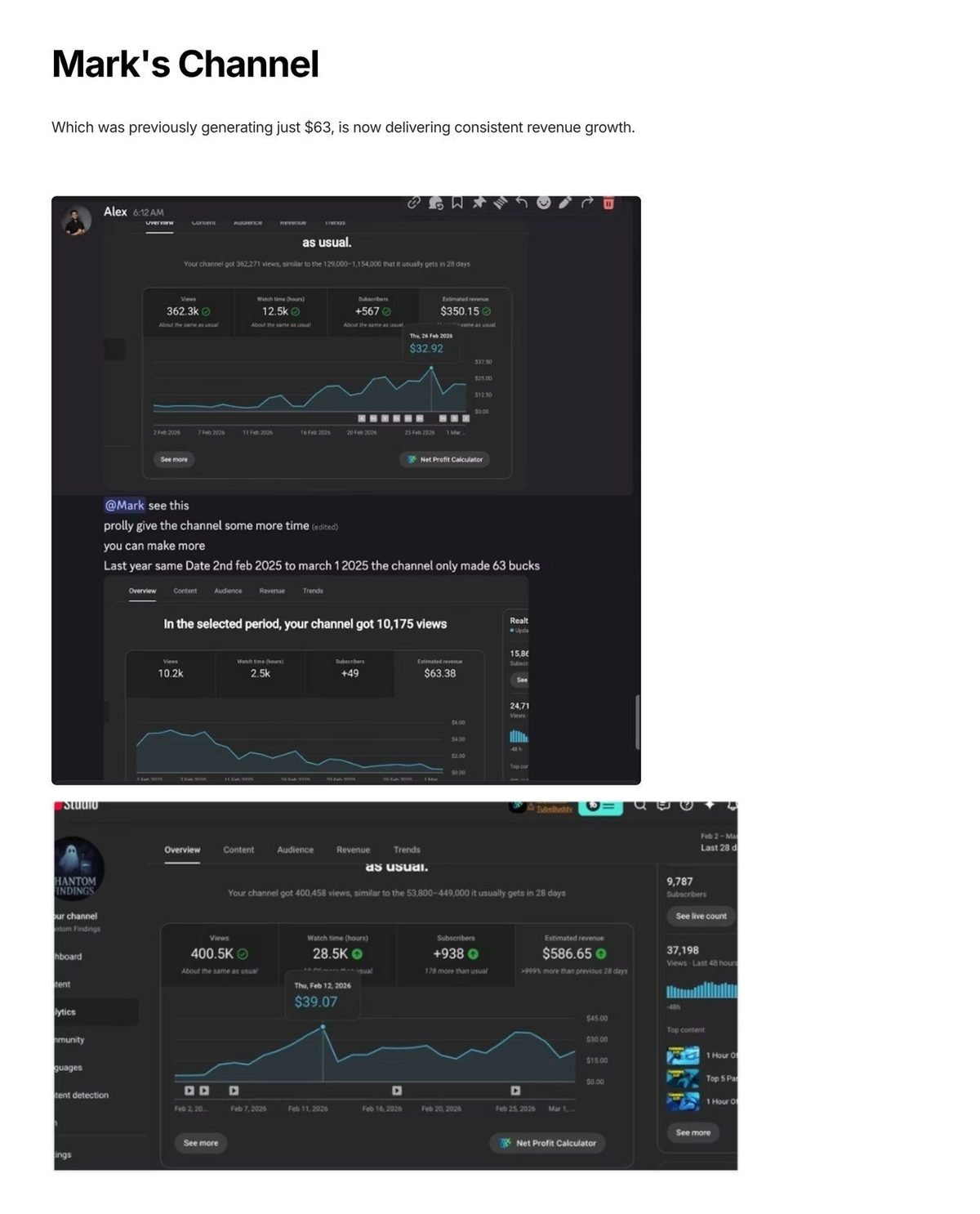 Mark's channel: Went from $63 to consistent monthly revenue growth