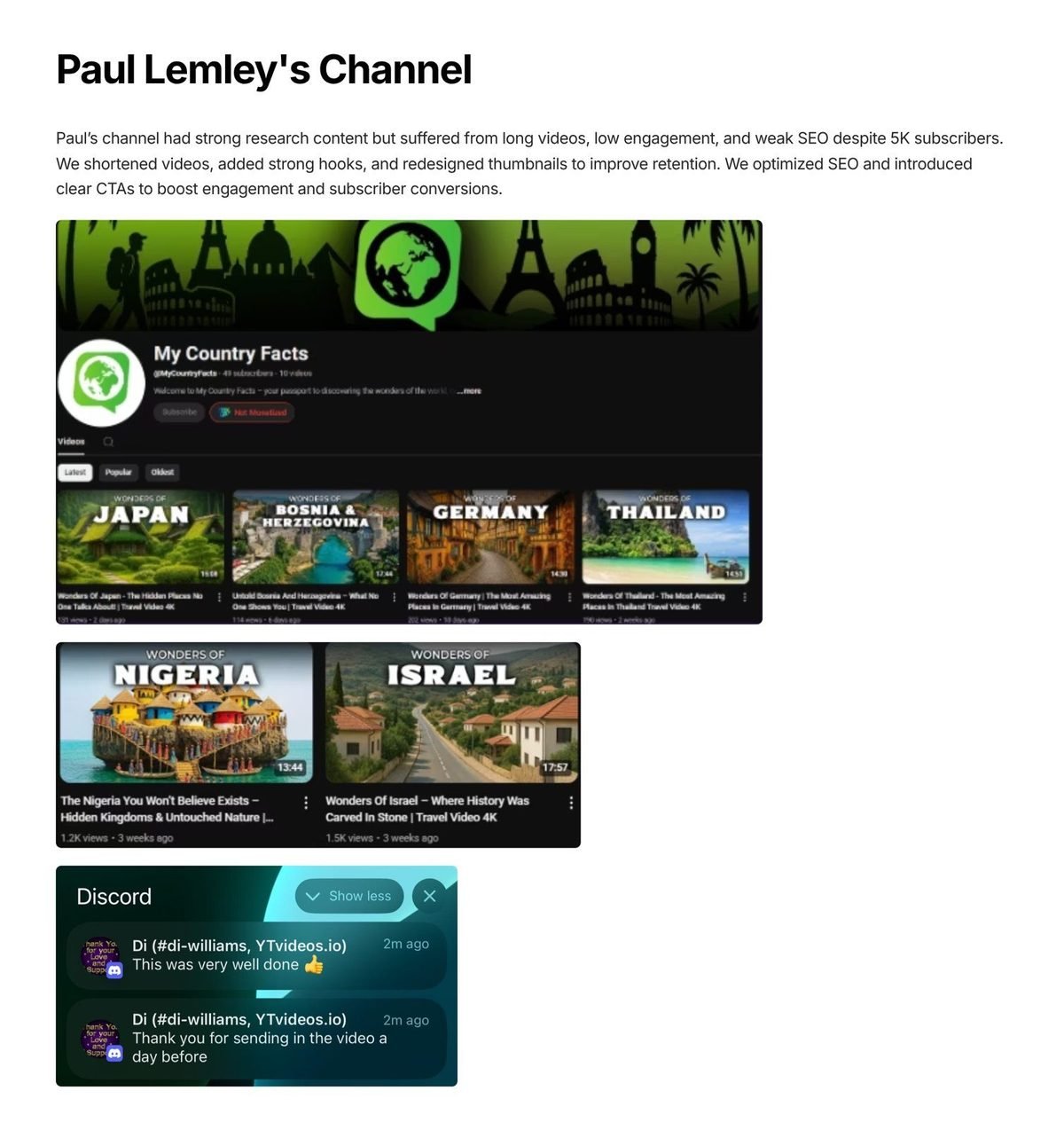 Paul Lemley's channel: 5k sub channel revamped: retention, SEO and CTAs fixed