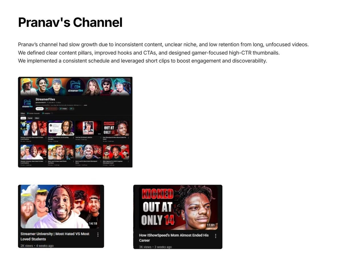 Pranav's channel: Clear pillars and gamer thumbnails, videos hit 3k views