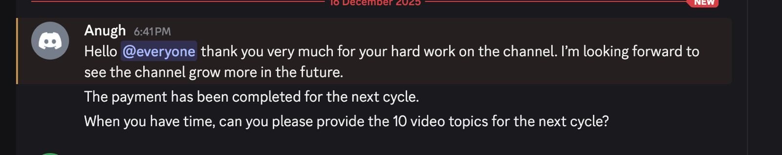 Anugh: 'Thank you very much for your hard work on the channel.' Payment completed for next cycle.