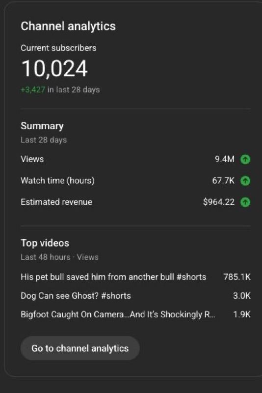 YouTube channel analytics card showing subscriber, view, and estimated-revenue stats