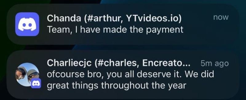 Client notifications confirming payment and year-end appreciation